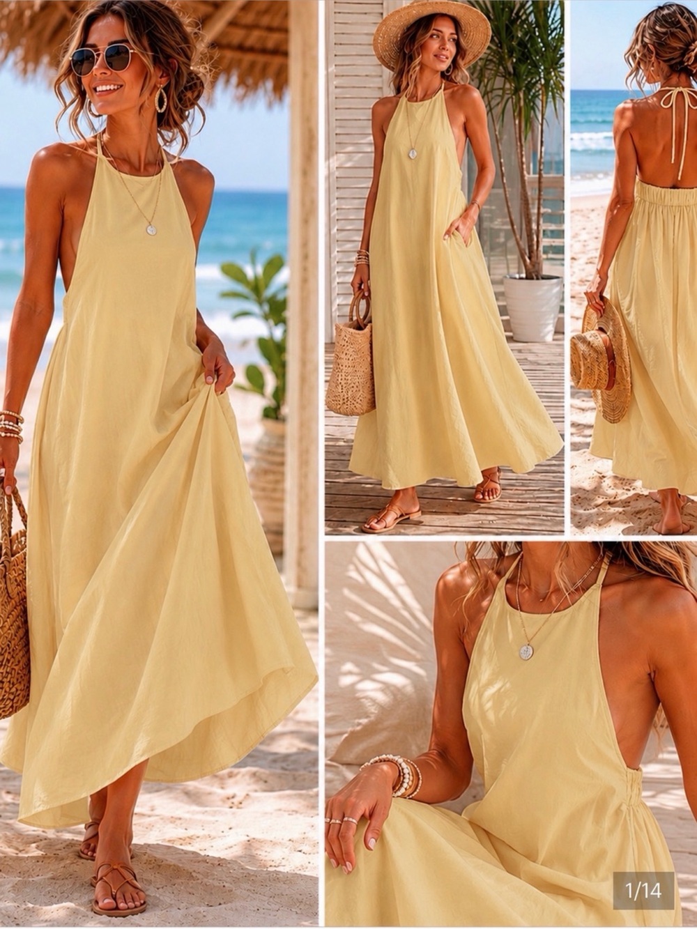 Free People Surfside Tide Halter Maxi Dress Yellow Open Back Pockets Size Large